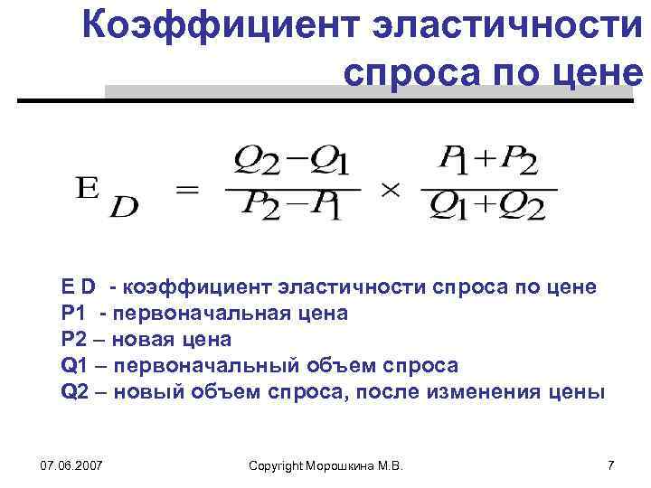 Коэффициент эластичности спроса по цене E D - коэффициент эластичности спроса по цене P