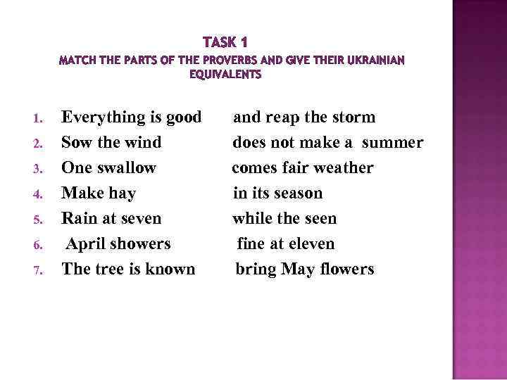 TASK 1 MATCH THE PARTS OF THE PROVERBS AND GIVE THEIR UKRAINIAN EQUIVALENTS Everything