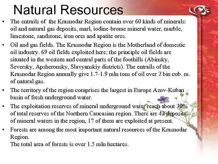 Natural Resources • The entrails of the Krasnodar Region contain over 60 kinds of