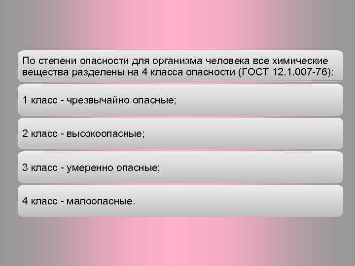По степени опасности для организма человека все химические вещества разделены на 4 класса опасности