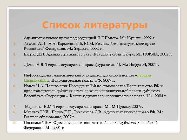 Список литературы 3. Административное право под редакцией Л. Л. Попова. М. : Юристъ, 2002