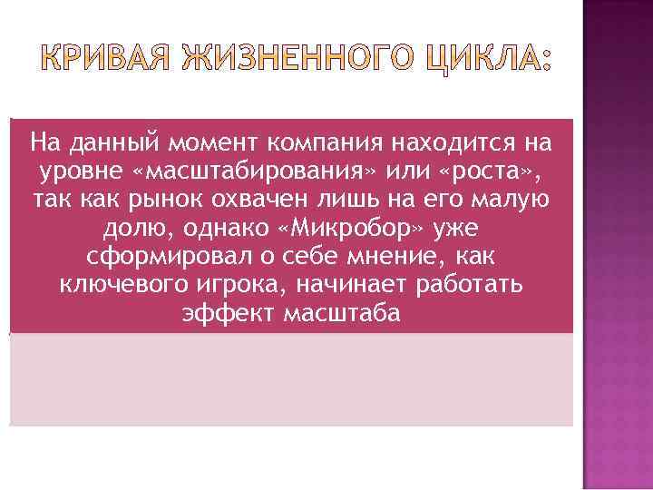 На данный момент компания находится на уровне «масштабирования» или «роста» , так как рынок