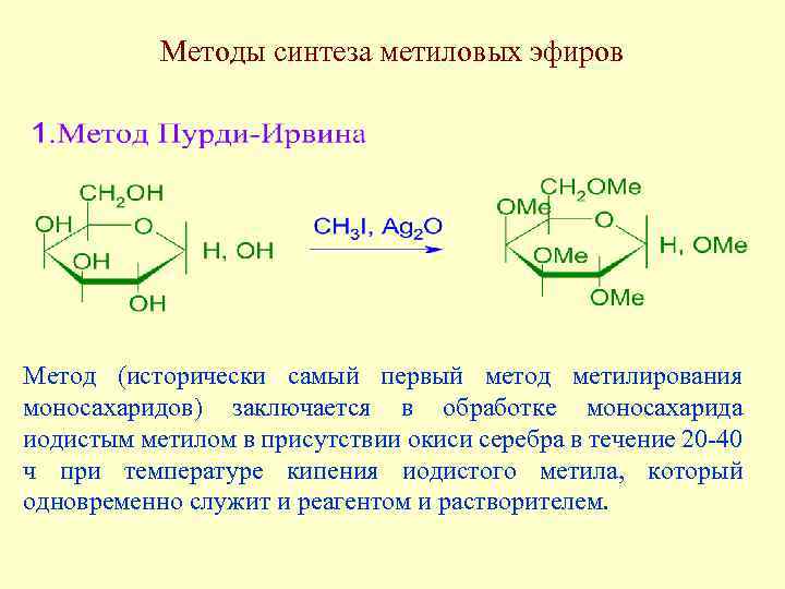 Способ синтеза. Эфиры моносахаридов. Метилирование моносахаридов. Реакция метилирования моносахаридов. Метилирование метанолом.