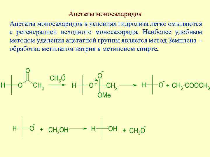 Ацетаты моносахаридов в условиях гидролиза легко омыляются с регенерацией исходного моносахарида. Наиболее удобным методом