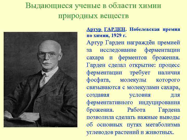 Выдающиеся ученые в области химии природных веществ Артур ГАРДЕН. Нобелевская премия по химии, 1929