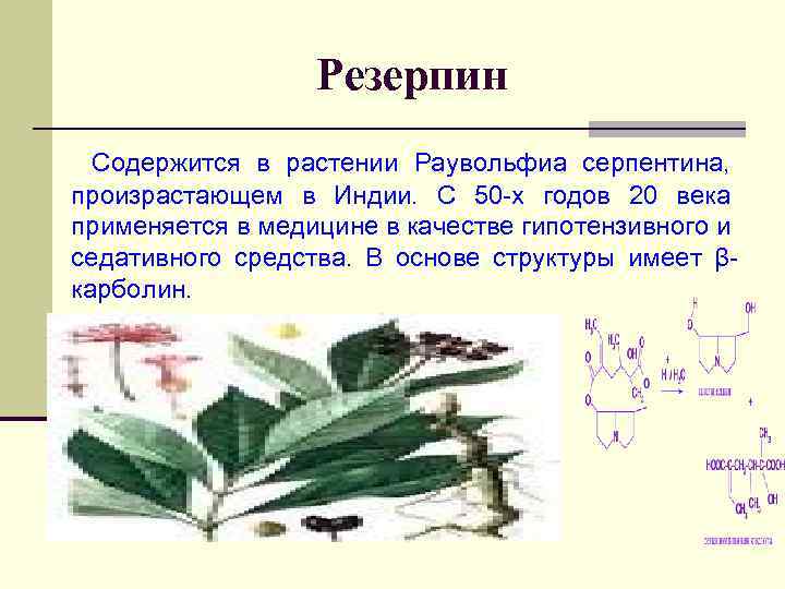 Резерпин Содержится в растении Раувольфиа серпентина, произрастающем в Индии. С 50 -х годов 20