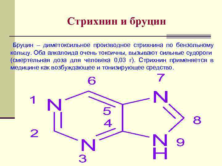 Стрихнин и бруцин Бруцин – диметоксильное производное стрихнина по бензольному кольцу. Оба алкалоида очень