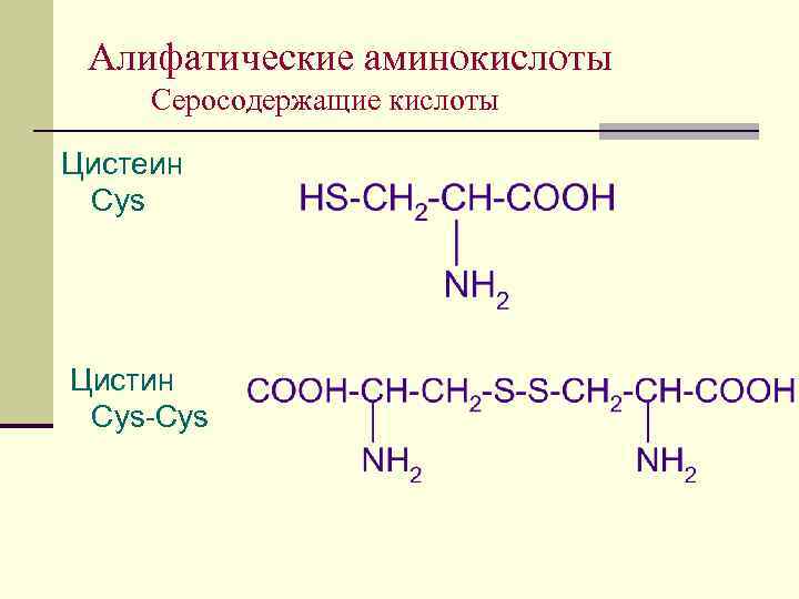 Алифатические аминокислоты Серосодержащие кислоты Цистеин Cys Цистин Cys-Cys 