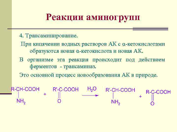 Реакции аминогрупп 4. Трансаминирование. При кипячении водных растворов АК с α-кетокислотами образуются новая α-кетокислота