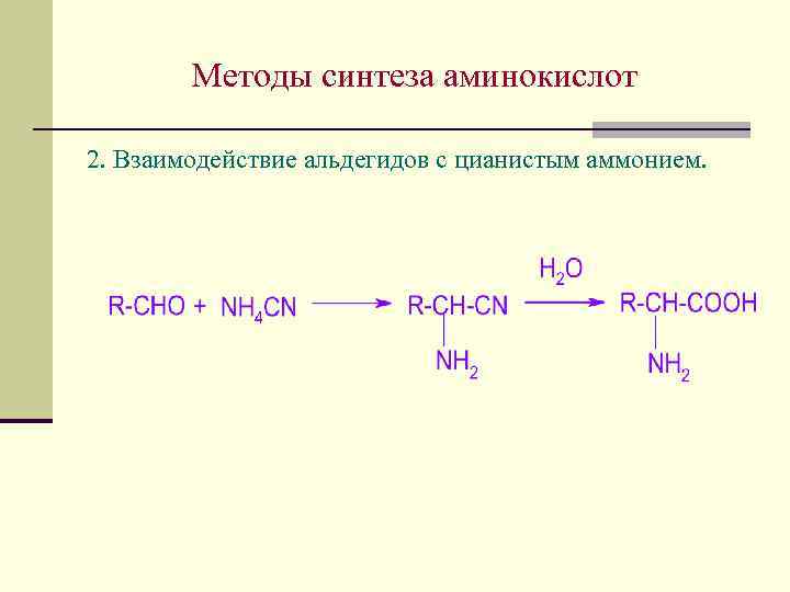 Методы синтеза аминокислот 2. Взаимодействие альдегидов с цианистым аммонием. 