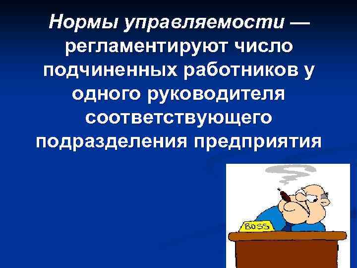 Нормы управляемости — регламентируют число подчиненных работников у одного руководителя соответствующего подразделения предприятия 