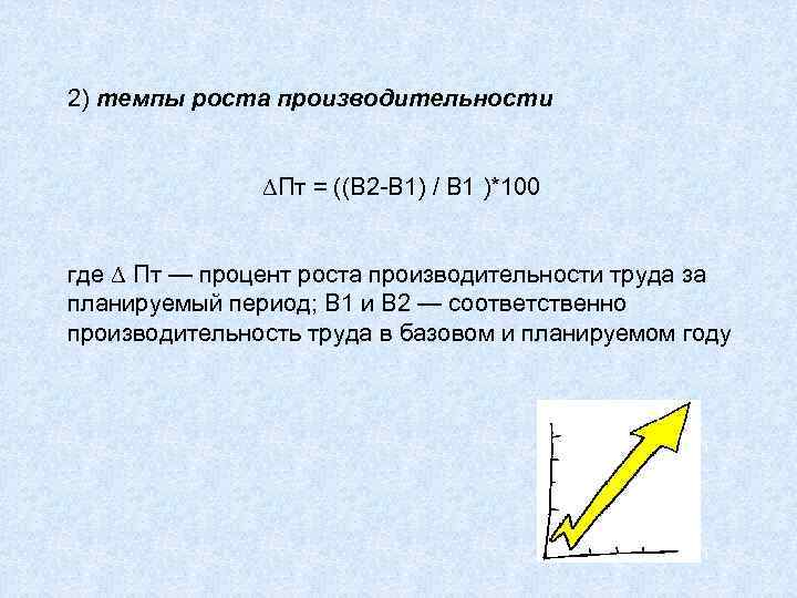 2) темпы роста производительности ∆Пт = ((В 2 -В 1) / В 1 )*100