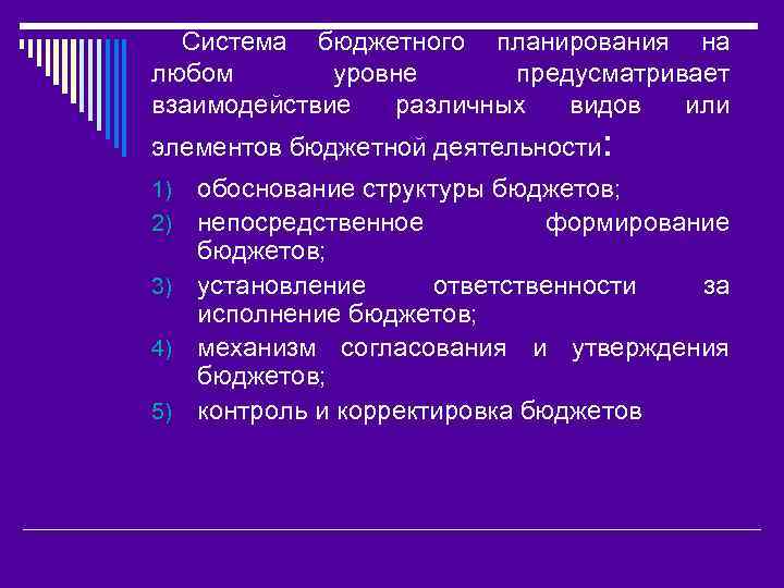 Система бюджетного планирования на любом уровне предусматривает взаимодействие различных видов или элементов бюджетной деятельности: