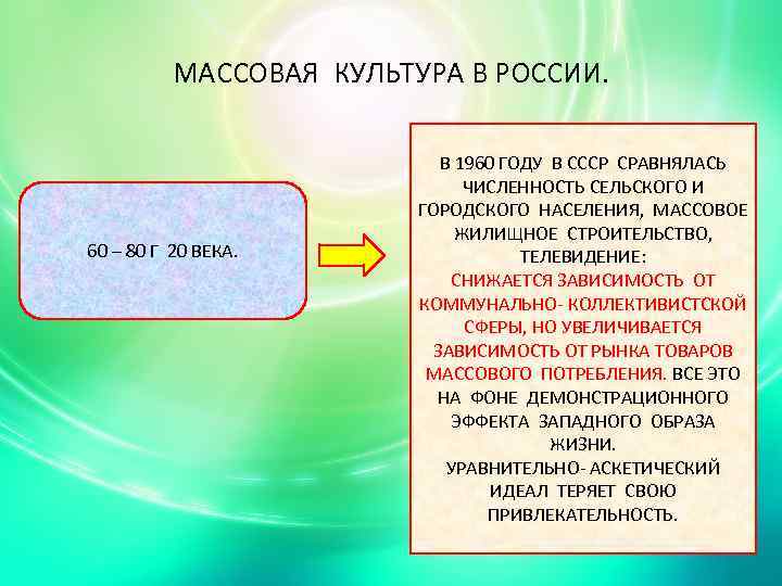 МАССОВАЯ КУЛЬТУРА В РОССИИ. 60 – 80 Г 20 ВЕКА. В 1960 ГОДУ В