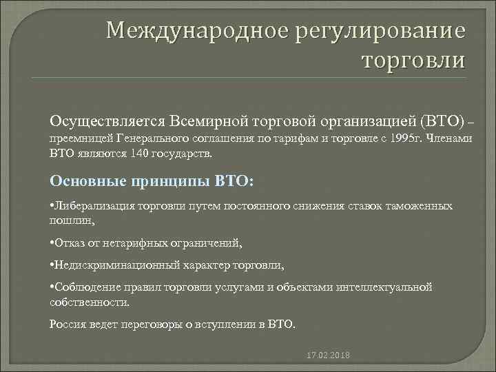 Международное регулирование торговли Осуществляется Всемирной торговой организацией (ВТО) – преемницей Генерального соглашения по тарифам