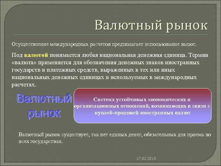 Валютный рынок Осуществление международных расчетов предполагает использование валют. Под валютой понимается любая национальная денежная