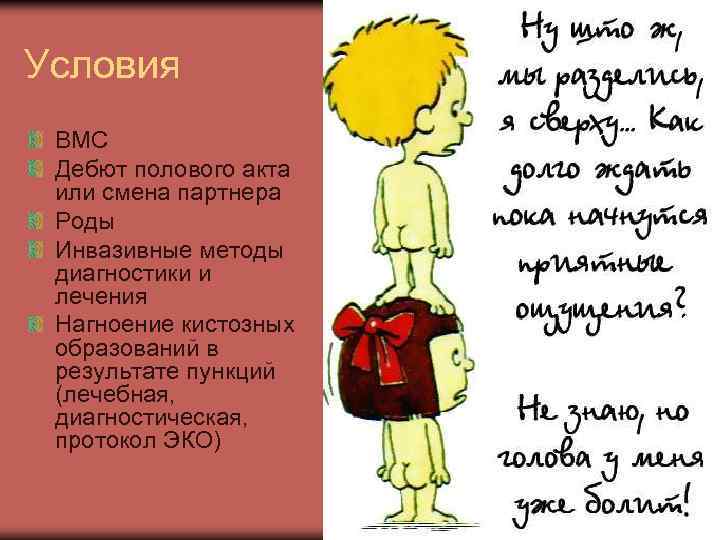 Условия ВМС Дебют полового акта или смена партнера Роды Инвазивные методы диагностики и лечения