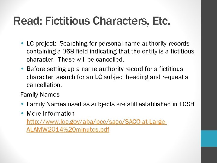 Read: Fictitious Characters, Etc. • LC project: Searching for personal name authority records containing