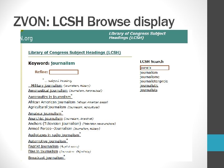 ZVON: LCSH Browse display 