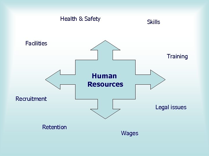 Health & Safety Skills Facilities Training Human Resources Recruitment Legal issues Retention Wages 