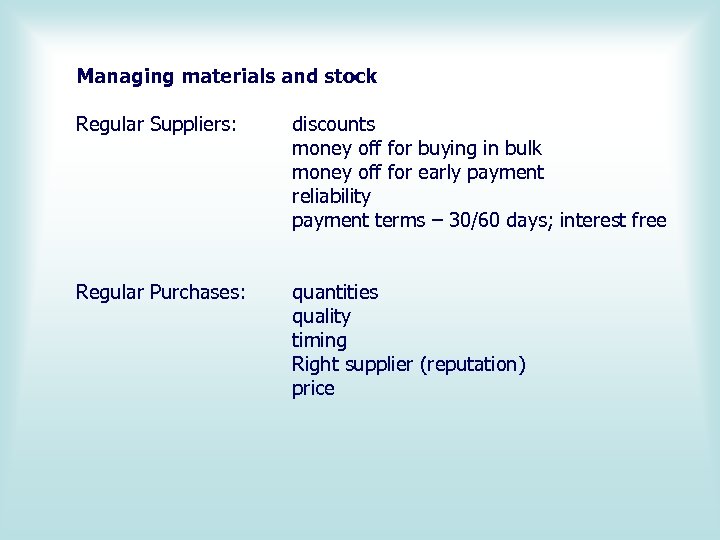 Managing materials and stock Regular Suppliers: discounts money off for buying in bulk money
