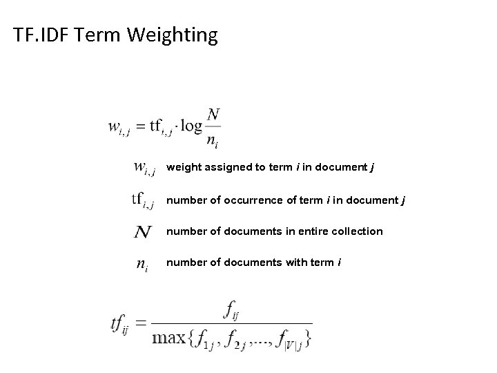 TF. IDF Term Weighting weight assigned to term i in document j number of