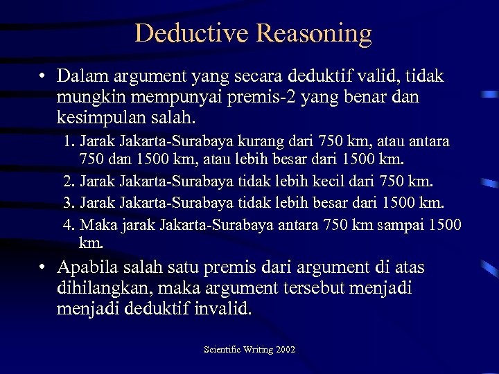 Deductive Reasoning • Dalam argument yang secara deduktif valid, tidak mungkin mempunyai premis-2 yang