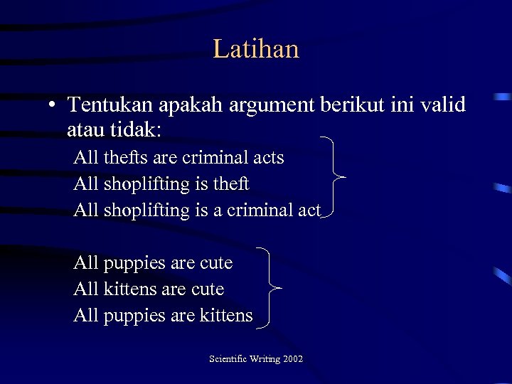Latihan • Tentukan apakah argument berikut ini valid atau tidak: All thefts are criminal
