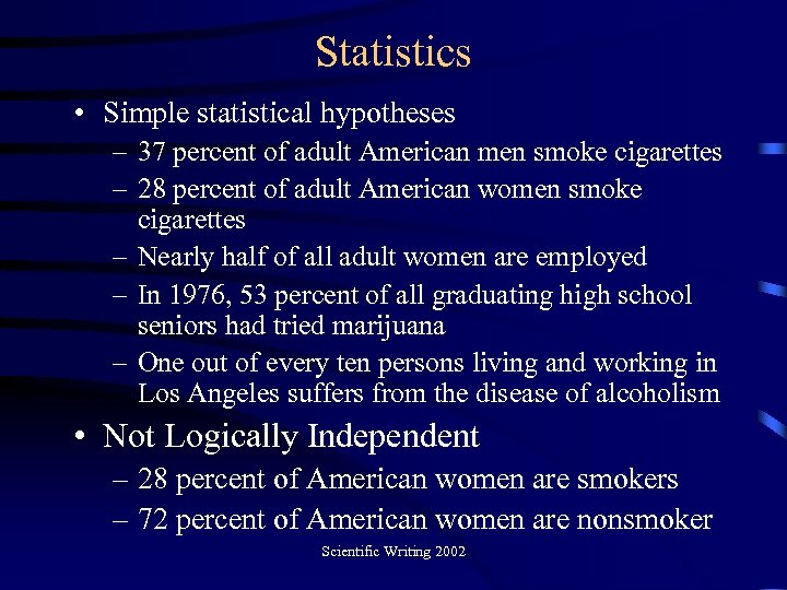 Statistics • Simple statistical hypotheses – 37 percent of adult American men smoke cigarettes