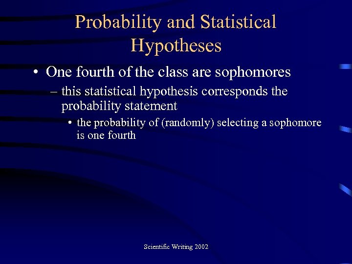 Probability and Statistical Hypotheses • One fourth of the class are sophomores – this