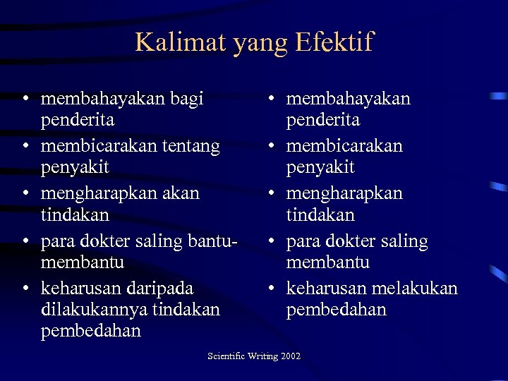 Kalimat yang Efektif • membahayakan bagi penderita • membicarakan tentang penyakit • mengharapkan akan