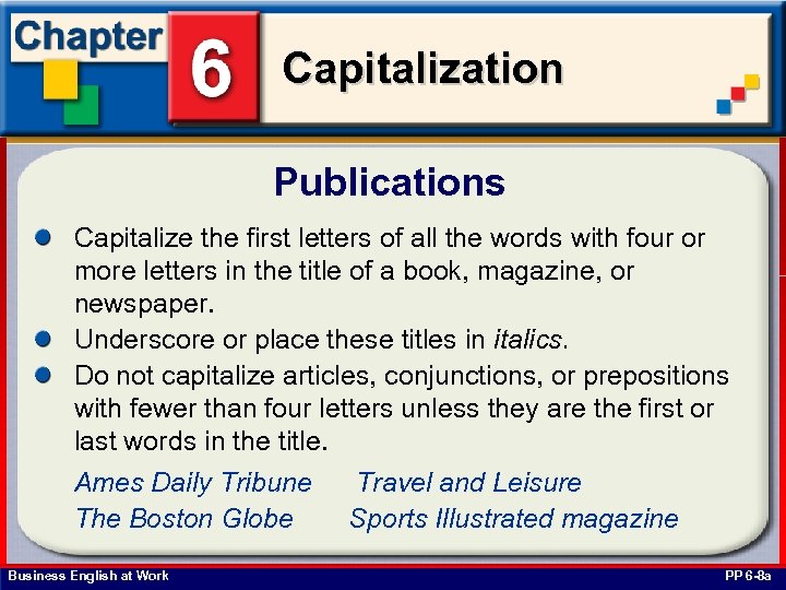 Capitalization Publications Capitalize the first letters of all the words with four or more