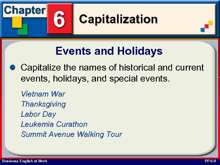 Capitalization Events and Holidays Capitalize the names of historical and current events, holidays, and