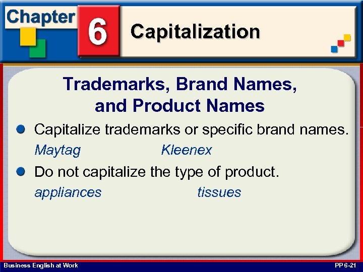 Capitalization Trademarks, Brand Names, and Product Names Capitalize trademarks or specific brand names. Maytag