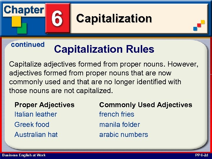 Capitalization continued Capitalization Rules Capitalize adjectives formed from proper nouns. However, adjectives formed from