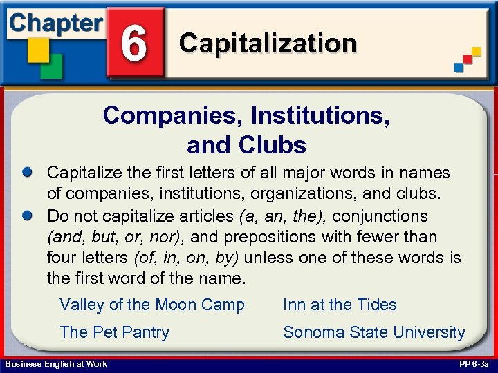 Capitalization Companies, Institutions, and Clubs Capitalize the first letters of all major words in