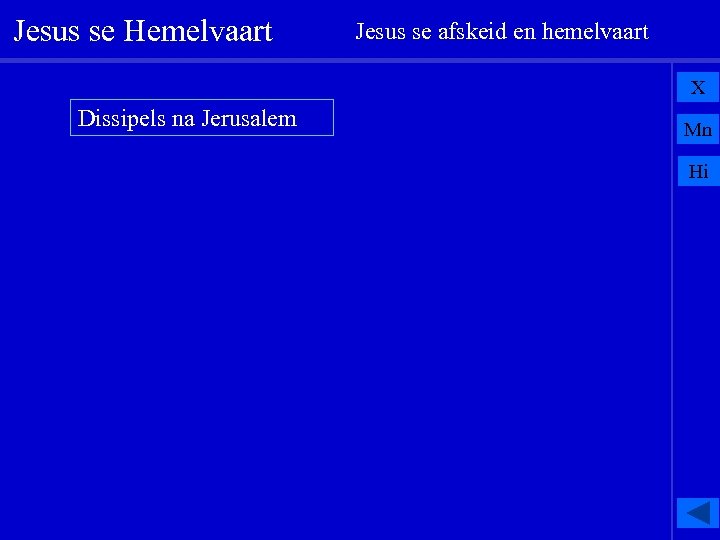 Jesus se Hemelvaart Jesus se afskeid en hemelvaart X Dissipels na Jerusalem Mn Hi