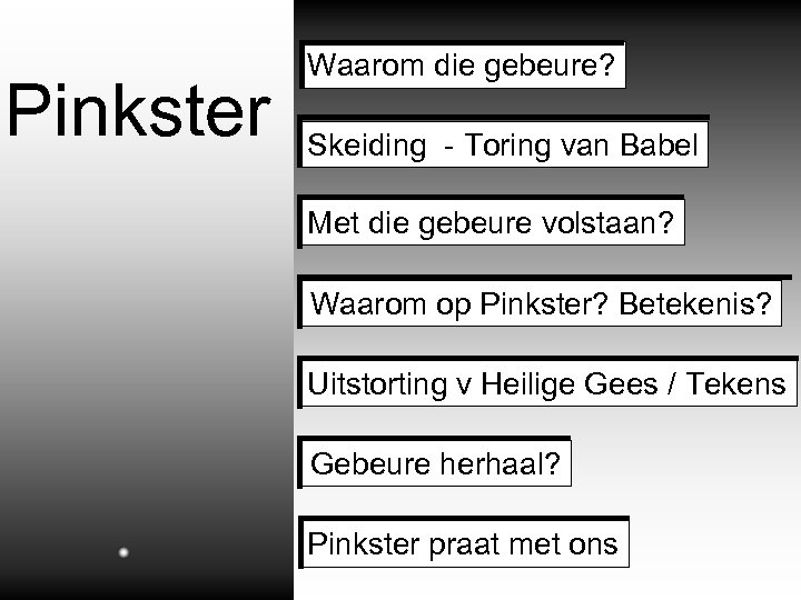 Pinkster Waarom die gebeure? Skeiding - Toring van Babel Met die gebeure volstaan? Waarom