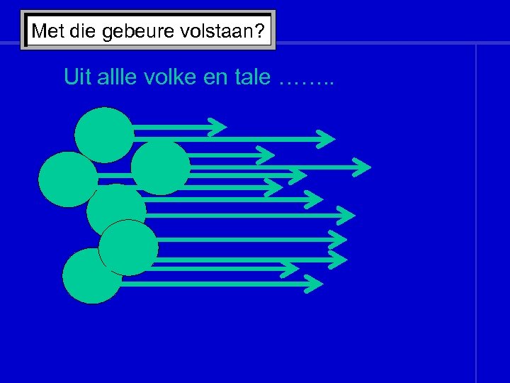 Met die gebeure volstaan? Uit allle volke en tale ……. . 
