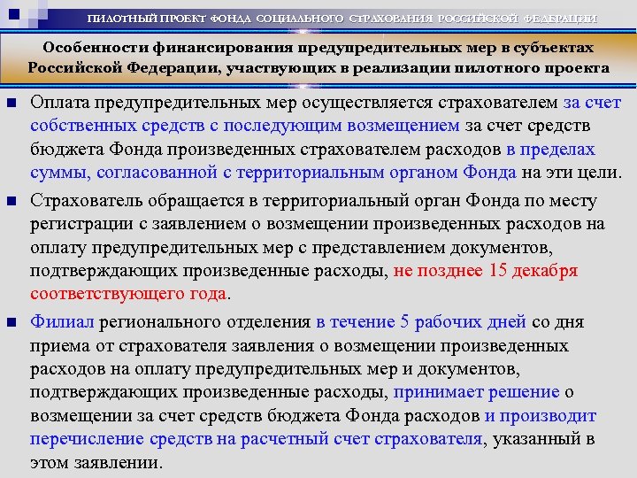 ПИЛОТНЫЙ ПРОЕКТ ФОНДА СОЦИАЛЬНОГО СТРАХОВАНИЯ РОССИЙСКОЙ ФЕДЕРАЦИИ Особенности финансирования предупредительных мер в субъектах Российской