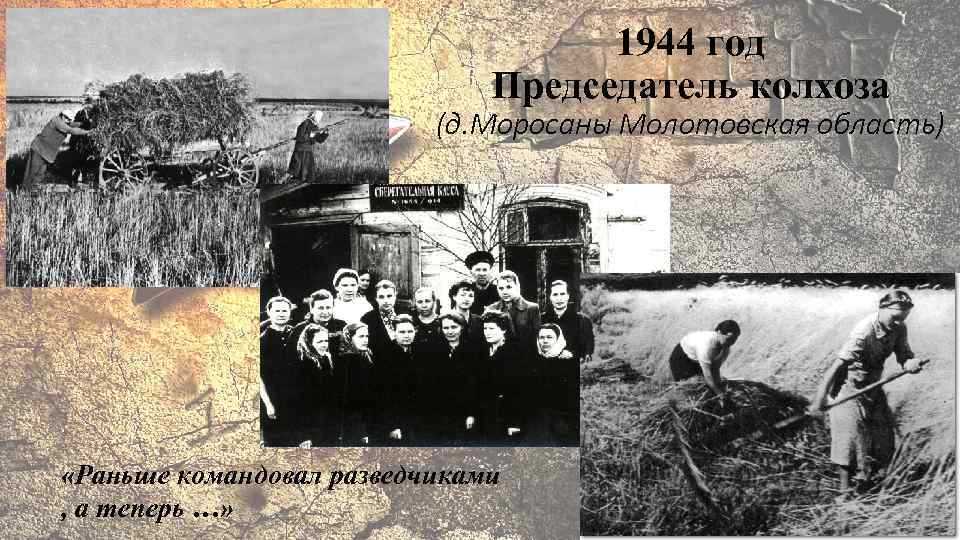 1944 год Председатель колхоза (д. Моросаны Молотовская область) «Раньше командовал разведчиками , а теперь