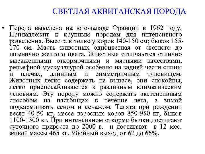 СВЕТЛАЯ АКВИТАНСКАЯ ПОРОДА • Порода выведена на юго-западе Франции в 1962 году. Принадлежит к