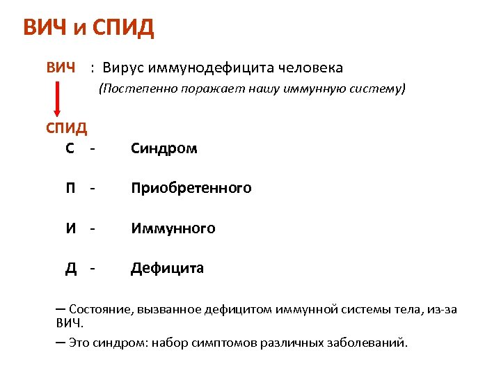 ВИЧ и СПИД ВИЧ : Вирус иммунодефицита человека (Постепенно поражает нашу иммунную систему) СПИД