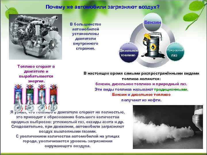 Почему же автомобили загрязняют воздух? В большинстве автомобилей установлены двигатели внутреннего сгорания. Топливо сгорает