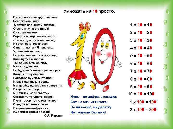Умножать на 10 просто. Сказал весёлый круглый ноль Соседке-единице: -С тобою рядышком позволь Стоять