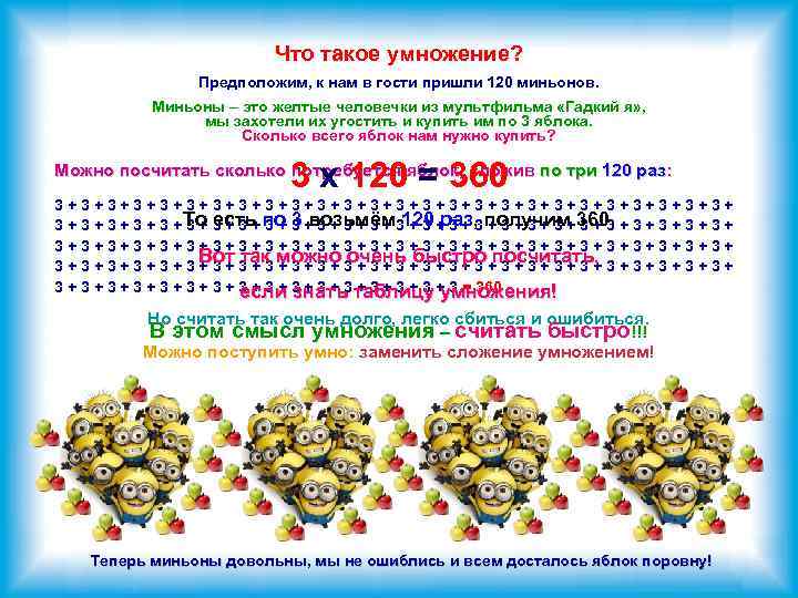 Что такое умножение? Предположим, к нам в гости пришли 120 миньонов. Миньоны – это