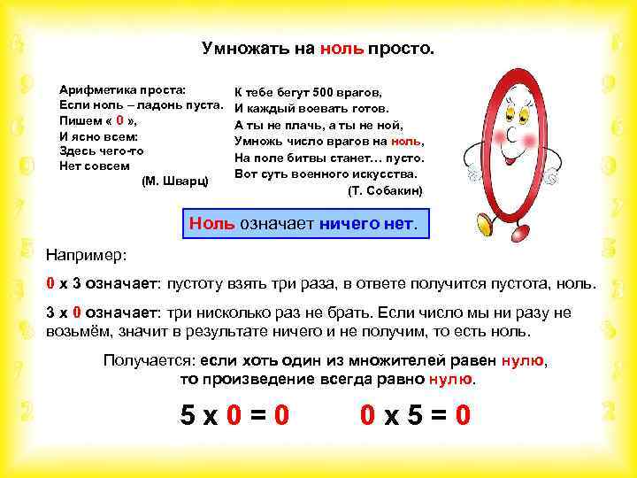 Умножать на ноль просто. Арифметика проста: Если ноль – ладонь пуста. Пишем « 0