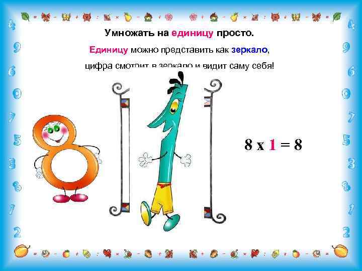 Умножать на единицу просто. Единицу можно представить как зеркало, цифра смотрит в зеркало и