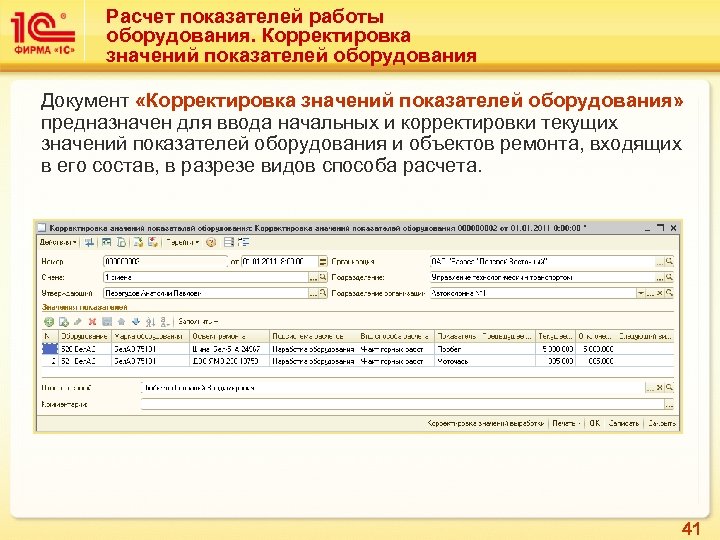 Расчет показателей работы оборудования. Корректировка значений показателей оборудования Документ «Корректировка значений показателей оборудования» предназначен