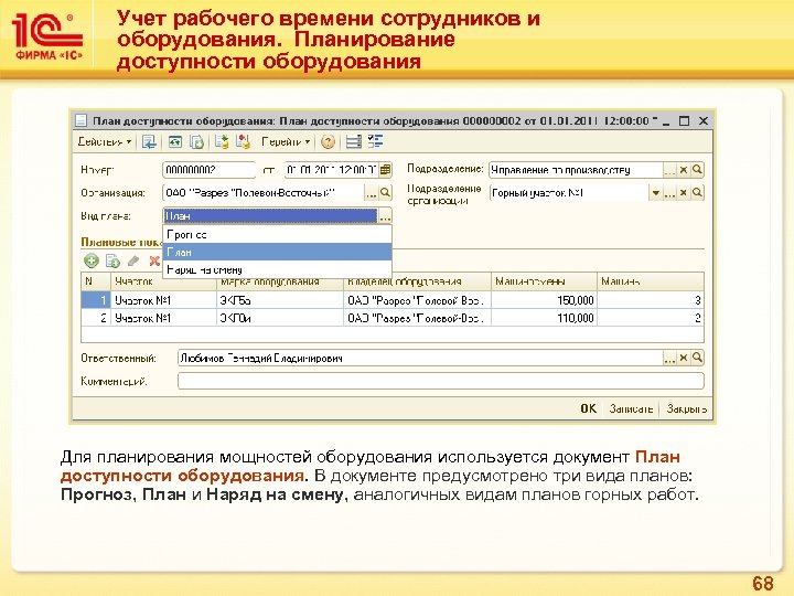 Учет рабочего времени сотрудников и оборудования. Планирование доступности оборудования Для планирования мощностей оборудования используется